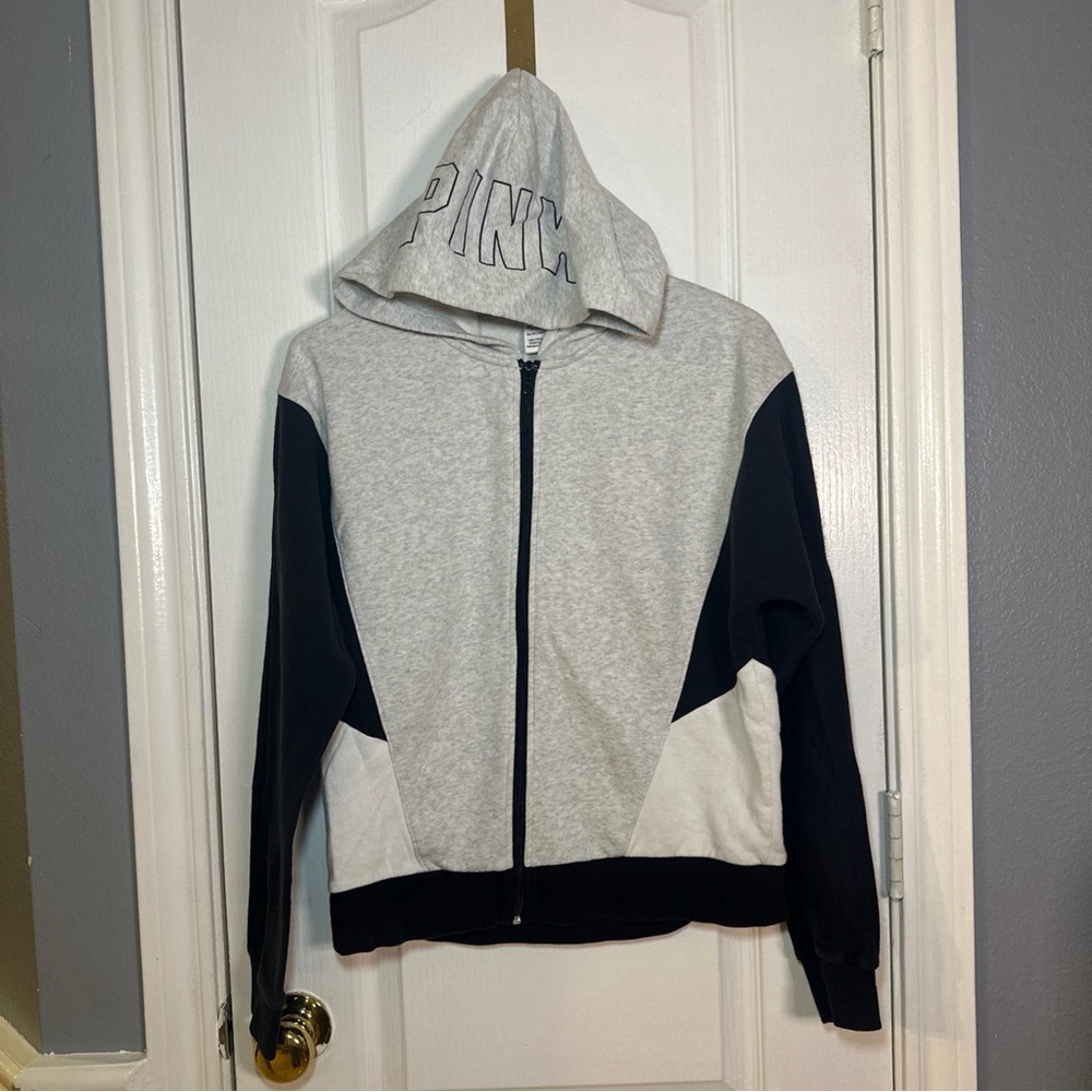 PINK‎ Victoria's Secret Colorblock Full Zip Hoodie Grey Black White XS Logo Hood